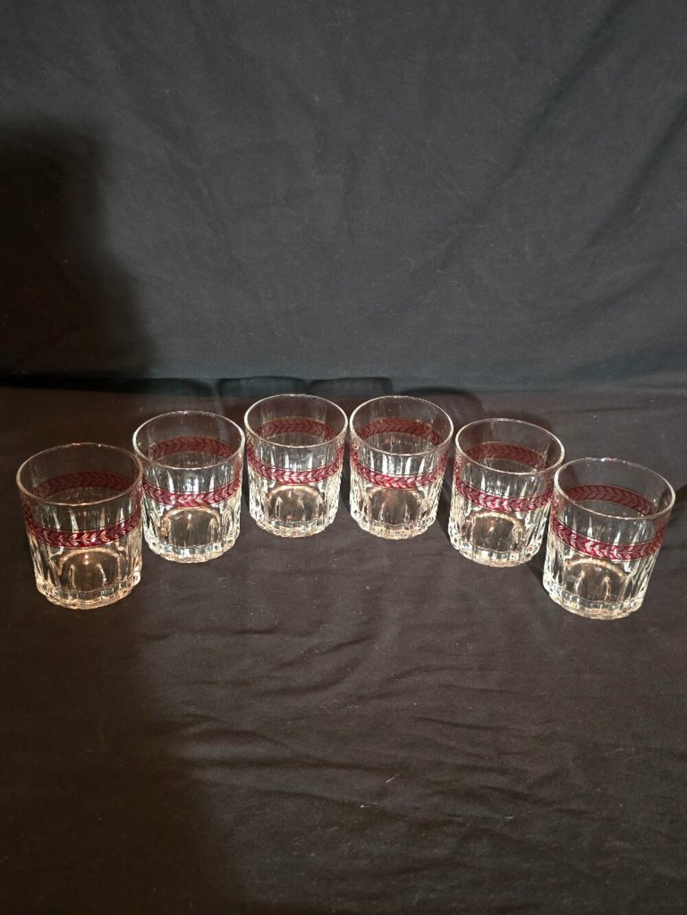 Italian Crystal Cut Old Fashion Glass Red Laurel Leaf Band with Gold Banding x6